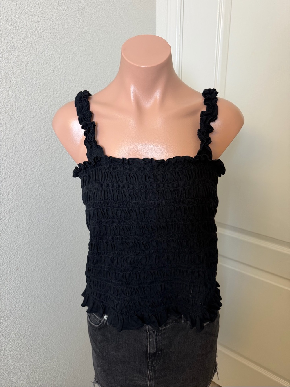 Old Navy Black Smocked Ruffle Strap Crop Top